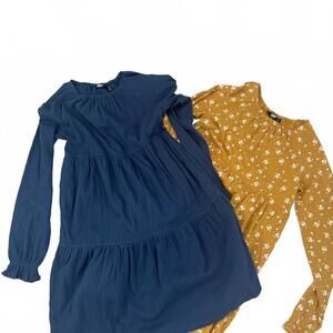 Land’s End | Set of 2 Girls Long Sleeve Peasant Dresses Teal Blue/Mustard Sz XL